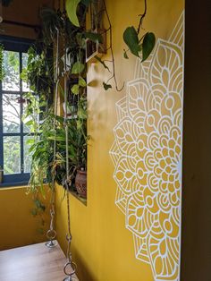 a room with yellow walls and plants hanging from the ceiling, in front of a window