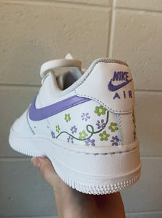 Custom painted lavender Nike Air Force 1s with flowers and vines Painted Shoes Diy, Custom Sneakers Diy, Painted Nikes, Custom Shoes Diy, Nike Air Force 1s, Painted Sneakers, Iconic Shoes, Preppy Shoes, Air Force 1s