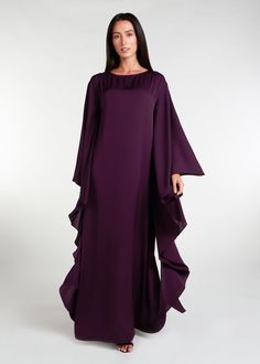 Floaty Kaftan Aubergine | Modest Kaftans | Aab Modest Wear Elegant Draped Kaftan With Draped Sleeves, Elegant Purple Evening Kaftan, Elegant Purple Kaftan For Party, Elegant Purple Floor-length Kaftan, Elegant Purple Party Kaftan, Elegant Floor-length Purple Kaftan, Elegant Long Purple Abaya, Elegant Purple Tunic Dress, Elegant Purple Maxi-length Abaya