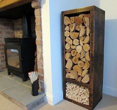 a firewood rack is next to a fireplace