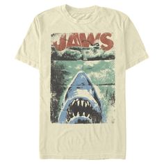 You're going to need a bigger boat for the Jaws Distressed Watercolor Poster Men's Tee! Steven Spielberg's 1975 blockbuster film is celebrated with this retro Jaws tee that features a distressed, watercolor poster for the film, perfect for any fan of Martin Brody, Quint, or the man-eating great white shark that is terrifying the citizens of Amity Island this summer! Size: 3xl. Color: beige. Gender: male. Age Group: adult. Pattern: Sharks. Material: Cotton. Martin Brody, Amity Island, Man Eating, Blockbuster Film, Watercolor Poster, Bigger Boat, Large Clothes, White Sharks, Great White Shark