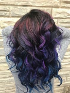 Black Purple Blue Ombre Hair, Multi Colour Hair Highlights, Brown And Blue Ombre Hair, Fall Hair Colors Purple, Blue And Purple Ombre Hair, Brown To Purple Ombre Hair, Blue And Purple Hair Highlights, Blue And Purple Highlights, Brunette With Blue Highlights