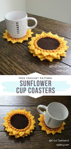 the sunflower cup coasters are made from crocheted yarn and have coffee cups on them