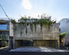 an apartment building with plants growing on the side