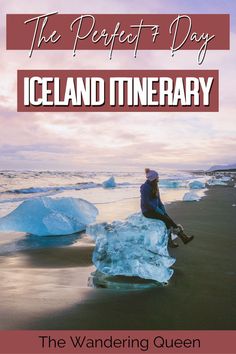 the perfect day iceland itinerary book cover with a woman sitting on an iceberg