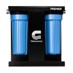 two blue water filters sitting on top of a black stand with the words clear source