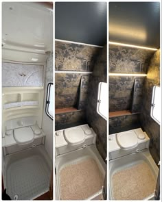 three pictures show the inside of an rv with toilet, sink and bathtub in it