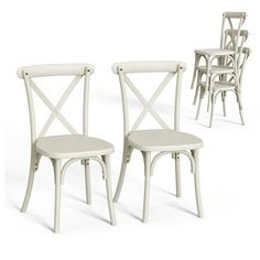 four chairs are shown in different positions on a white background and one is missing the seat