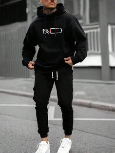 Men's Pullover Hooded Sweatshirt And Drawstring Waist Sweatpant Set, Casual Printed Pattern, Spring/Autumn Black Casual    Colorblock,Letter  Non-Stretch All Men Clothing, size features are:Bust: ,Length: ,Sleeve Length: Guys Clothing Styles, Letter Print Hoodie, Hoodie And Sweatpants, Knit Men, Men Plus Size, Letter Print Sweatshirt, Hooded Sweatshirt Men, Sweatpants Set, Co Ords