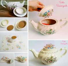 there are pictures of different teapots and cups