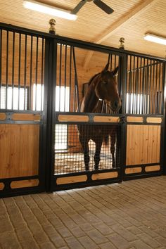 a brown horse standing inside of a stable