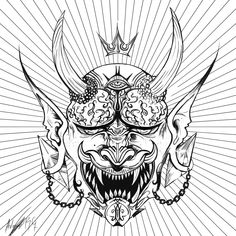 a drawing of a demon mask with large teeth