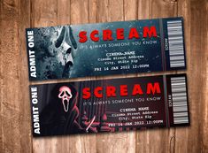 two movie tickets sitting next to each other on a wooden surface with the words scream printed on them