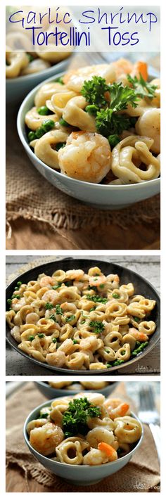 three different views of pasta with shrimp and broccoli in it on a plate