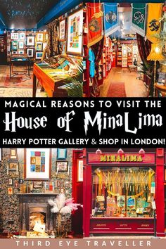 an advertisement for the harry potter gallery and shop in london with images of hogwart's houses