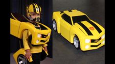 a child in a yellow and black costume next to a toy car with the hood up