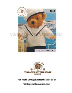 a teddy bear wearing a sailor's outfit on the cover of an advertisement for vintage pattern store