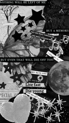 black and white collage with stars, moon, hearts, and other things on it