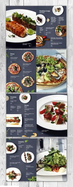 the menu for a restaurant is shown in three different sections, including pizzas and salads