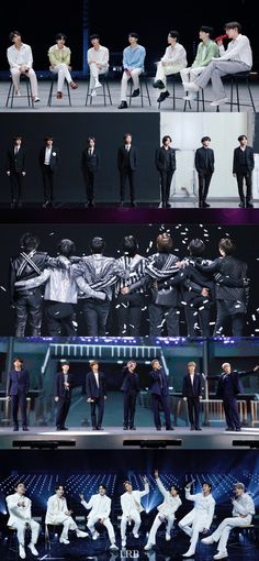 many different pictures of men in suits and ties on stage with confetti falling from the air