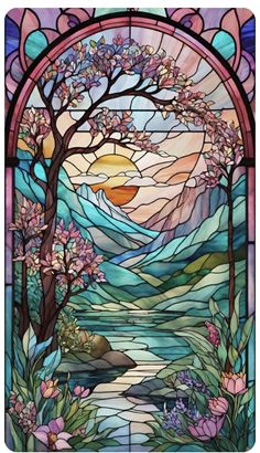 a stained glass window with trees and flowers