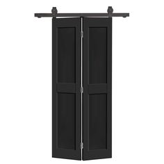 an open black door with two bars on the top and bottom, against a white background