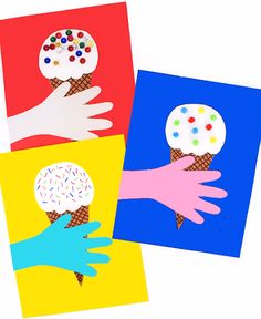 three cards with hand and ice cream on them