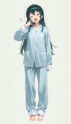 an anime character with long green hair wearing pajamas and holding her hand up to her mouth