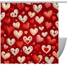 a red shower curtain with hearts on it