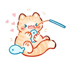 an orange and white cat playing with a toothbrush on its back while sitting down