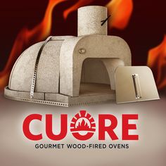 an advertisement for a wood fired oven with flames behind it and the words, cuore gourmet wood - fired ovens