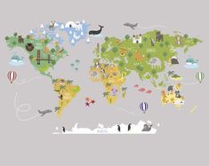 an illustrated world map with animals, birds and other things around the world on it