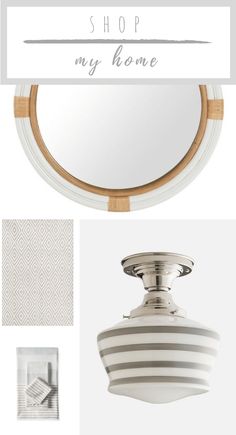 a round mirror with the words shop my home in white and grey on top of it