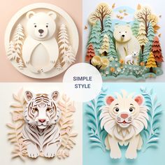 four different paper cut designs with animals and trees in the background, including a polar bear