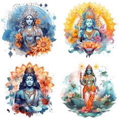 four watercolor paintings of hindu deities with flowers and sunflowers in their hands