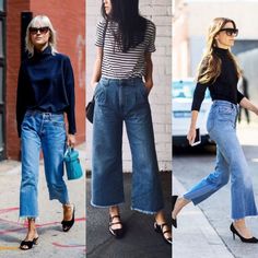 Culottes Jeans Outfit, Culotte Jeans Outfit, Goucho Pants, Culottes Jeans, Raw Edge Jeans, Cropped Jeans Outfit, Culotte Style, Flare Jeans Outfit, Wide Leg Jeans Outfit