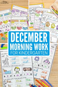 printable december morning work for kids with the title in blue and white above it