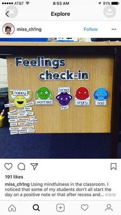 a bulletin board with stickers on it that says feelings check - in