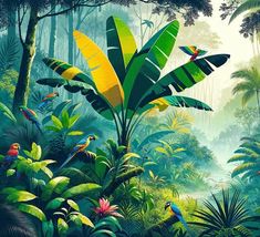 a painting of birds and tropical plants in the jungle