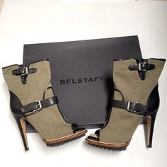 Belstaff Boots Size Is 37 =6.5 Us Womens New In Box High Heel Peep Toe Boot Olive Green And Black Heeled Peep Toe Boots, Olive Green Shoes, Olive Boots, Peep Toe Boots, Shoes Heels Classy, New Boots, Chic Shoes, Buckle Boots, Boots Leather