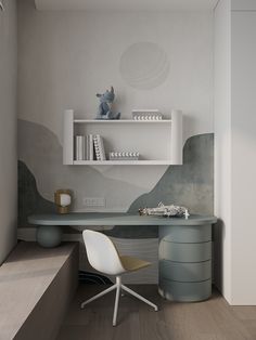 a white chair sitting in front of a desk next to a shelf with books on it