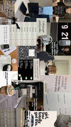 a collage of photos with different types of electronics and papers on them, including an electronic keyboard