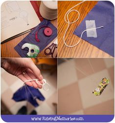 four different pictures with scissors, thread and other items