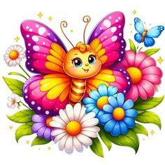 a butterfly with flowers and butterflies on a white background