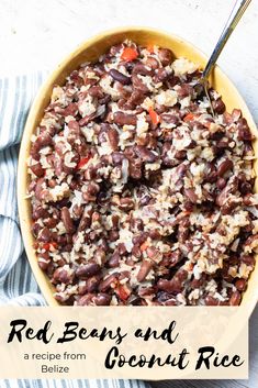 red beans and coconut rice in a yellow bowl with a spoon next to it on a striped towel