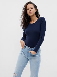 Soft knit stretch cotton and modal t-shirt.  Crewneck.  Long sleeves.  Straight silhouette with a loose fit.  Hits at the hip.  Models wearing Gap Long Sleeve T-shirt, 2024 Wishlist, Capsule Closet, 2024 Style, 2023 Christmas, Winter Color, Closet Ideas, Navy Shirt, Supima Cotton