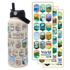 a water bottle with stickers on it next to an advertisement for the world destinations