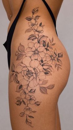 Side Thigh Floral Tattoo, Cherry Blossom Tattoo Thigh, Side Thigh Tattoo, Upper Thigh Tattoo, Floral Hip Tattoo, Thigh Piece Tattoos, Flower Hip Tattoos, Side Hip Tattoos, Upper Thigh Tattoos