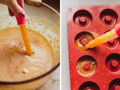 two pictures side by side, one with doughnut holes and the other with batter