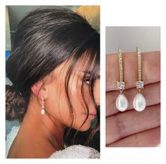 a woman's earring with pearls and diamonds in the middle is shown next to a photo of her earrings